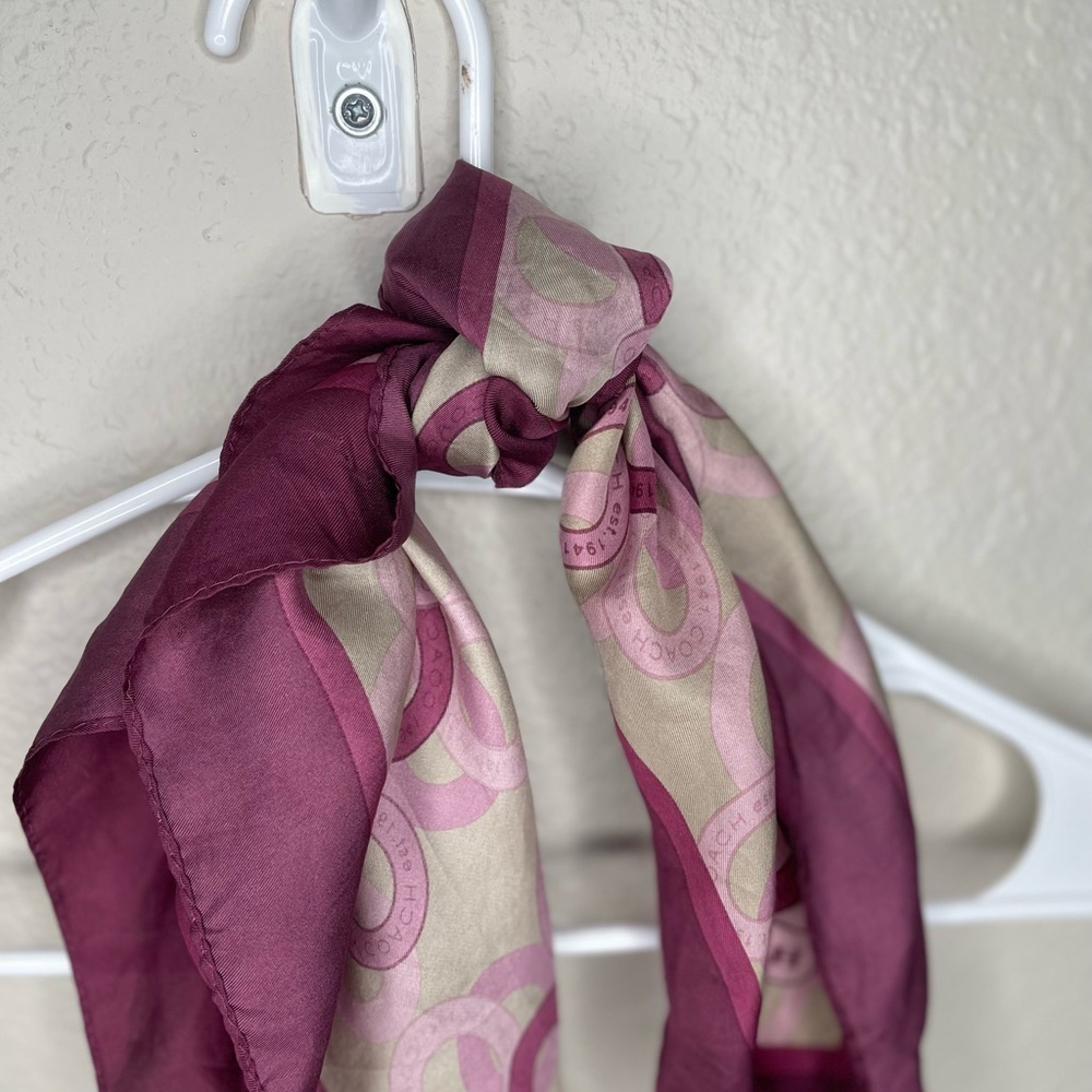 Coach Signature Purple Logo Silk Cotton Blend Scarf 26 inch square